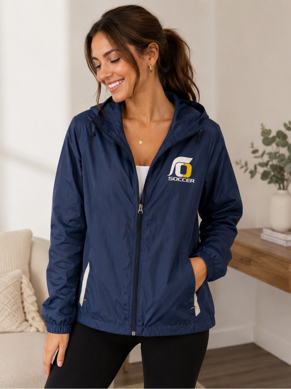 Soccer Team Hooded Windbreaker Jacket Navy Blue Lightweight Rain Jacket Large
